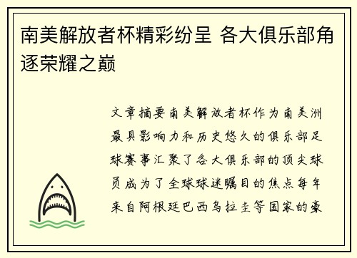 南美解放者杯精彩纷呈 各大俱乐部角逐荣耀之巅