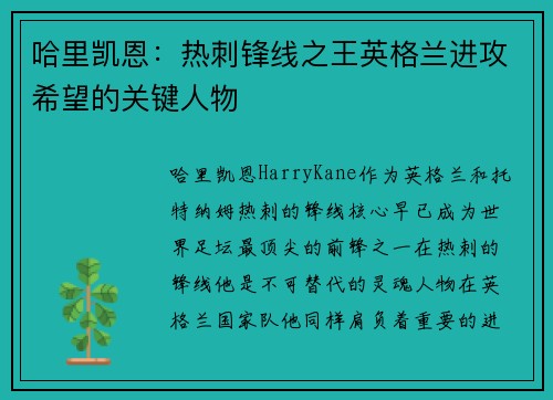 哈里凯恩:热刺锋线之王英格兰进攻希望的关键人物 哈里凯恩:热刺锋线之王英格兰进攻希望的关键人物