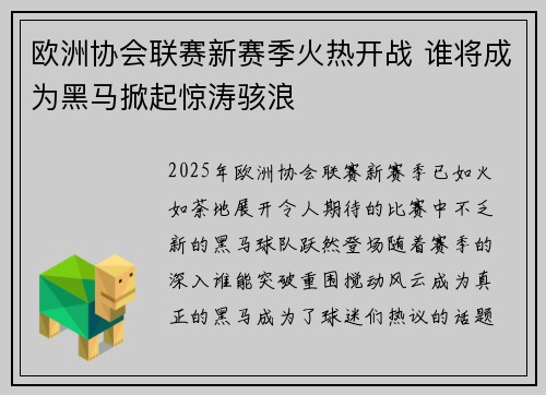 欧洲协会联赛新赛季火热开战 谁将成为黑马掀起惊涛骇浪