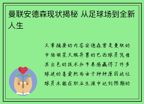 曼联安德森现状揭秘 从足球场到全新人生 曼联安德森现状揭秘 从足球场到全新人生